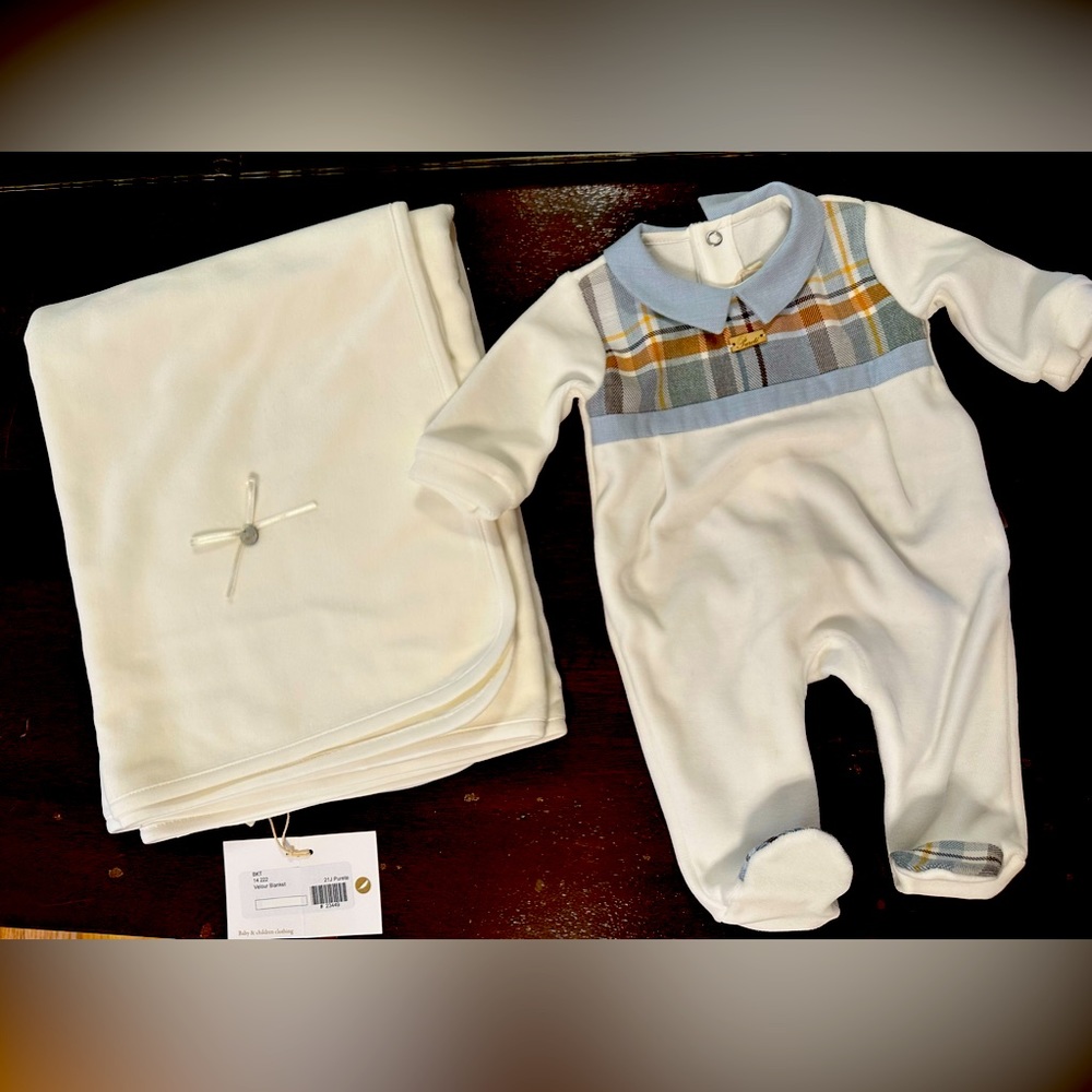 BRAND NEW Newborn Boy Purete velour outfit with matching blanket